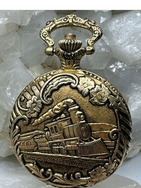 Details Steam Locomotive Train Silvertone Engraved Pocket Watch Not Tested